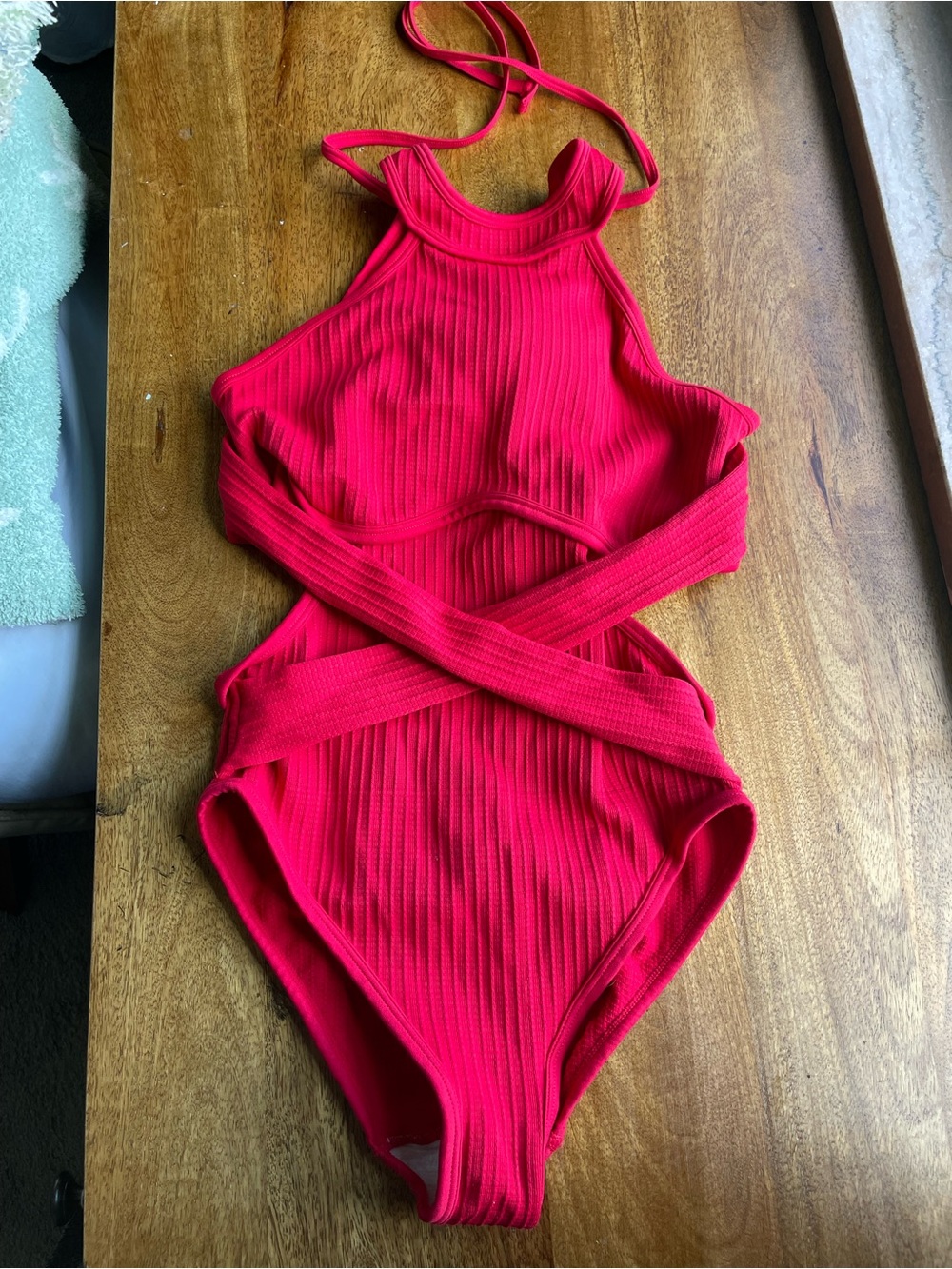 Women's Red Ribbed Crisscross One-Piece Swimsuit - Picture 3 of 6